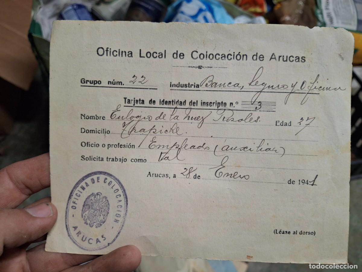 Otros Art&iacute;culos de Coleccionismo en Papel: Antiguo documento tarjeta oficina local colocaci&oacute;n obrera ARucas 1941