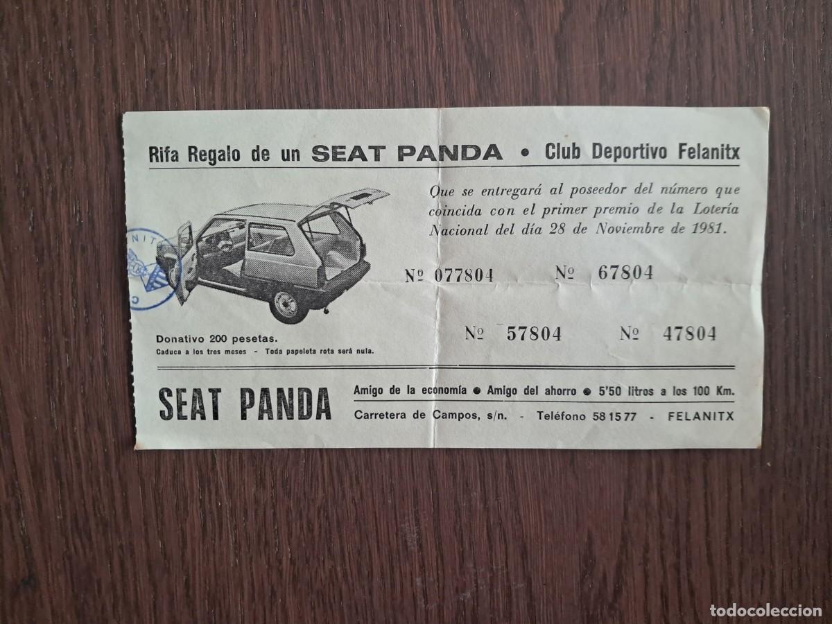 Otros Art&iacute;culos de Coleccionismo en Papel: papeleta de sorteo, rifa de coche Seat Panda, club deportivo Felanitx, Mallorca, a&ntilde;o 1981.