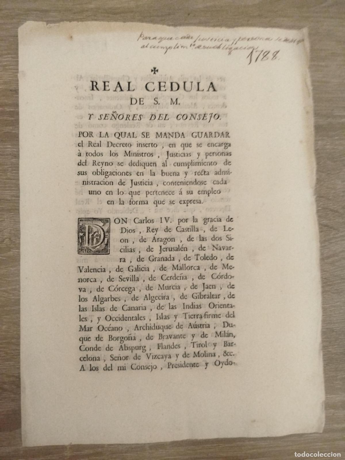 Otros art&iacute;culos de coleccionismo en papel: Real Cedula de S.M. y se&ntilde;ores del consejo por la qual se manda guardar en Real Decreto inserto, en q
