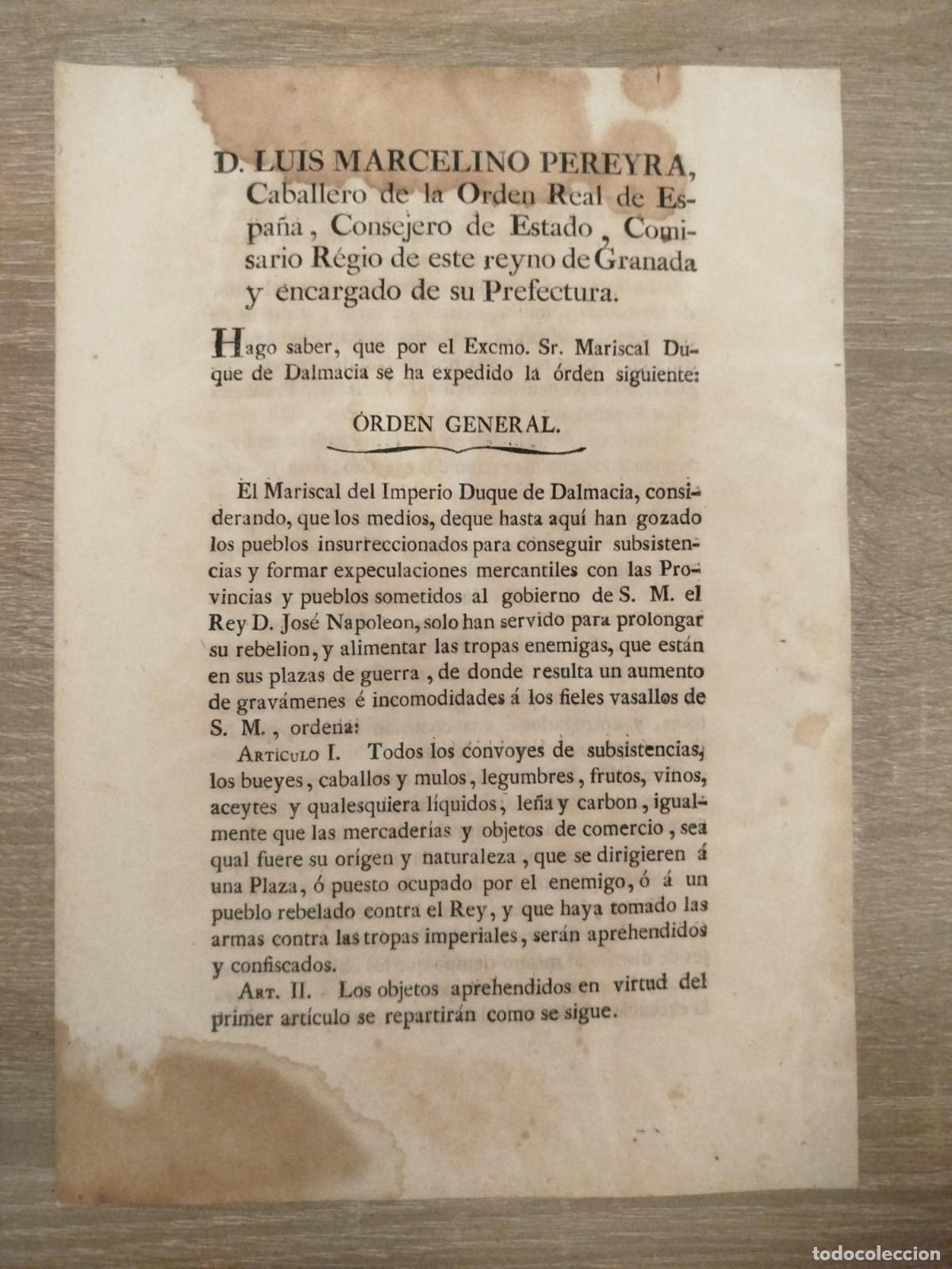 Otros art&iacute;culos de coleccionismo en papel: Orden general expedida por el Mariscal Jean-de-Dieu Soult, I Duque de Dalmacia, nombrado por Jos&eacute; Bo