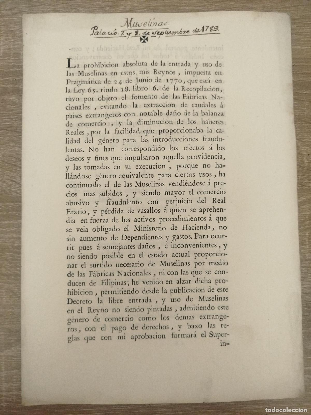 Otros art&iacute;culos de coleccionismo en papel: Prohibici&oacute;n absoluta de la entrada de muselinas en el reino de Carlos IV -