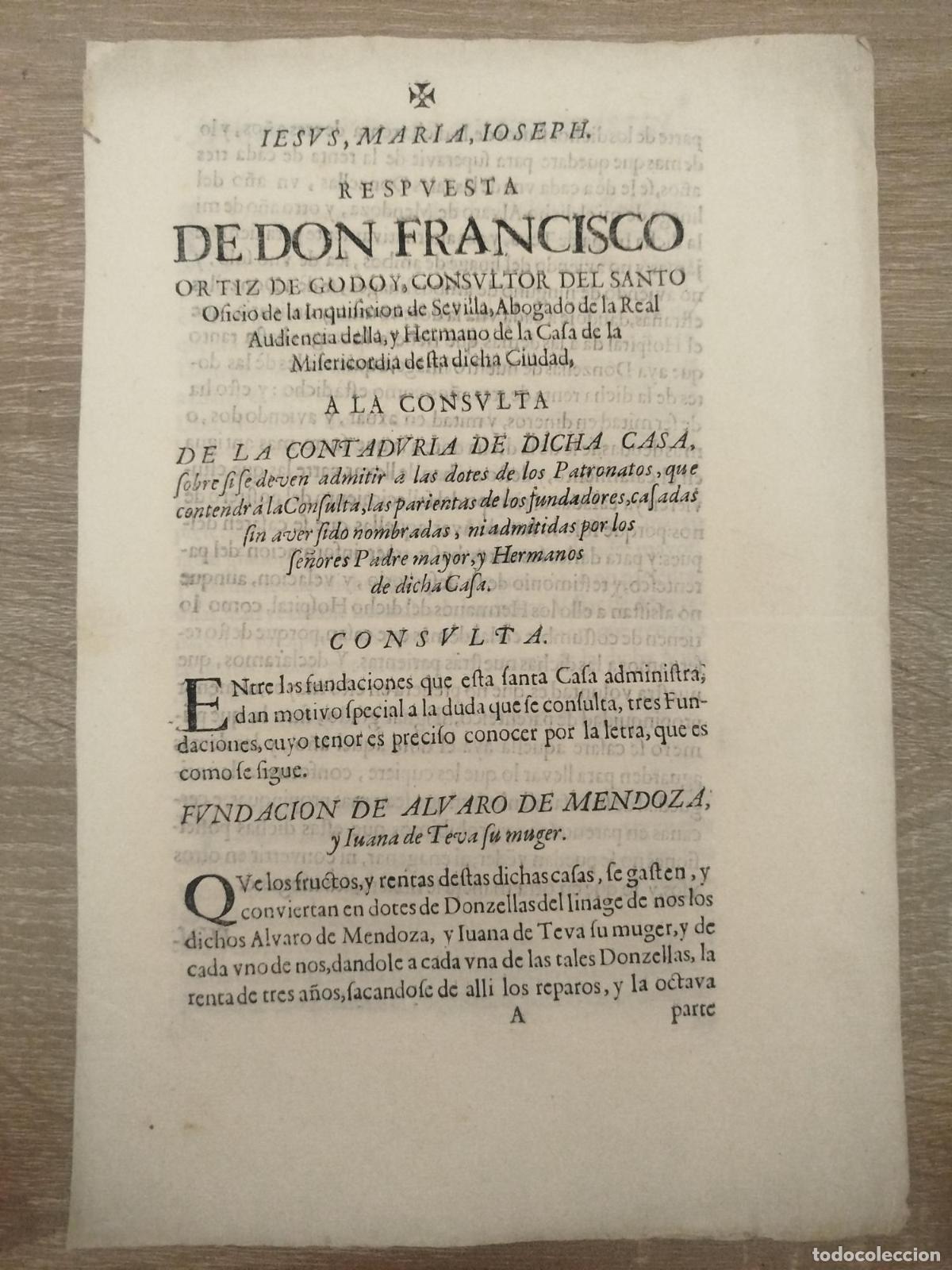 Otros art&iacute;culos de coleccionismo en papel: Respuesta de Don Francisco Ortiz de Godoy, consultor del Santo Oficio de la Inquisici&oacute;n de Sevilla,