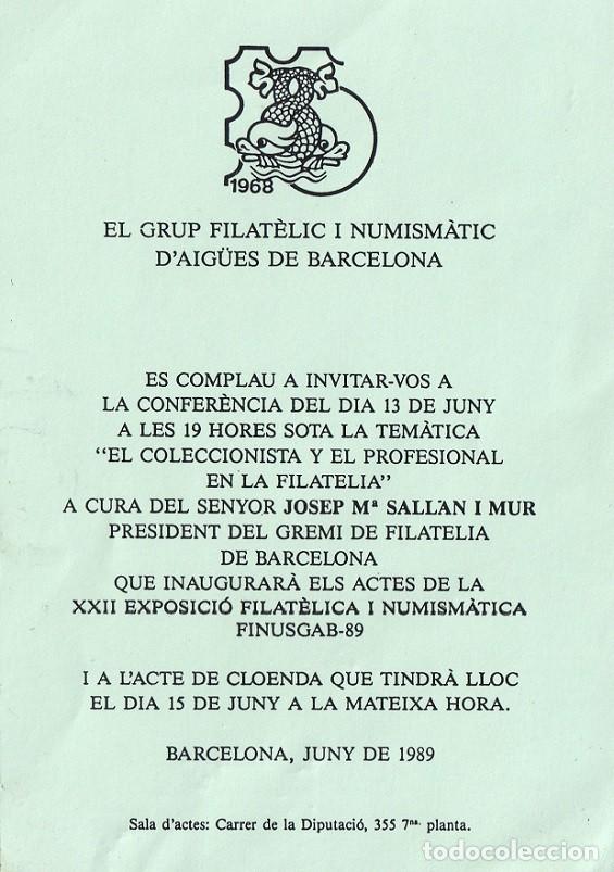 Otros art&iacute;culos de coleccionismo en papel: Barcelona 1989 Invitaci&oacute;n - Finusgab 89 - El coleccionista y el profesional en la filatelia - Sallan