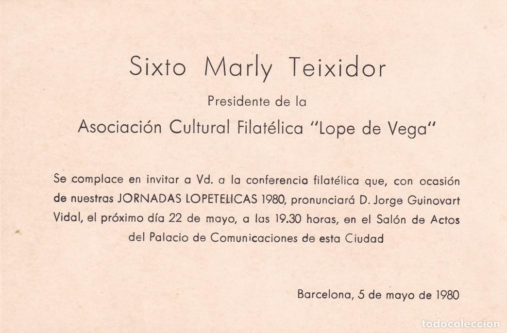 Otros art&iacute;culos de coleccionismo en papel: Invitaci&oacute;n conferencia Barcelona 1980 Sixto Marly Teixid&oacute;r - Lope de Vega - D. Jorge Guinovart Vidal