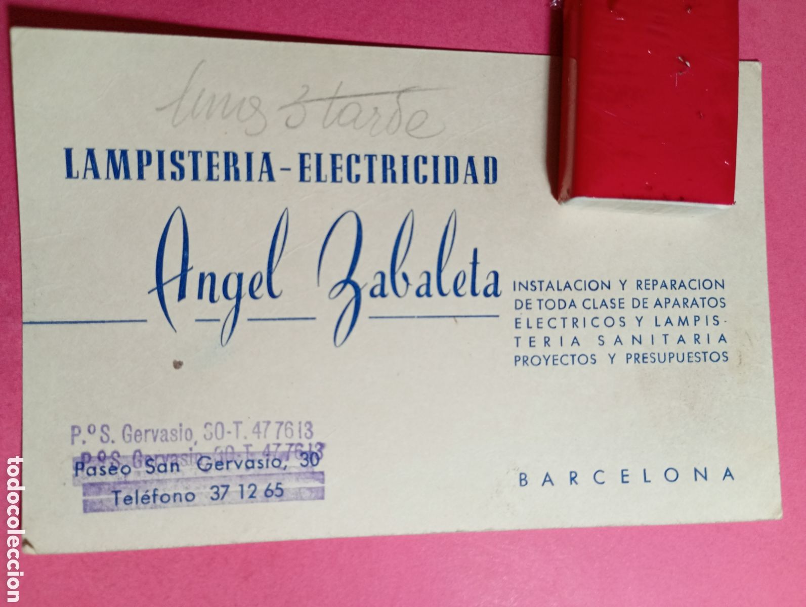 Otros art&iacute;culos de coleccionismo en papel: TARJETA LAMPISTER&Iacute;A ELECTRICIDAD ANGEL ZABALETA INSTALACI&Oacute;N REPARACI&Oacute;N - BARCELONA