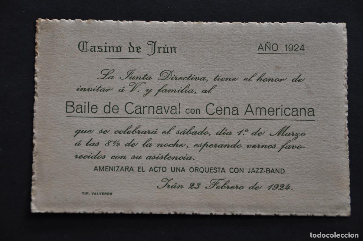 Otros art&iacute;culos de coleccionismo en papel: INVITACI&Oacute;N DEL CASINO DE IR&Uacute;N PARA EL BAILE DE CARNAVAL CON CENA AMERICANA - 23 DE FEBRERO DE 1924