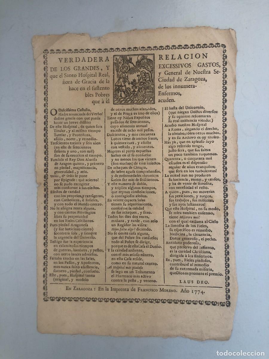 Otros art&iacute;culos de coleccionismo en papel: VERDADERA RELACI&Oacute;N DE LOS GASTOS DEL SANTO HOSPITAL DE NTRA. SRA. DE GRACIA DE ZARAGOZA, 1774