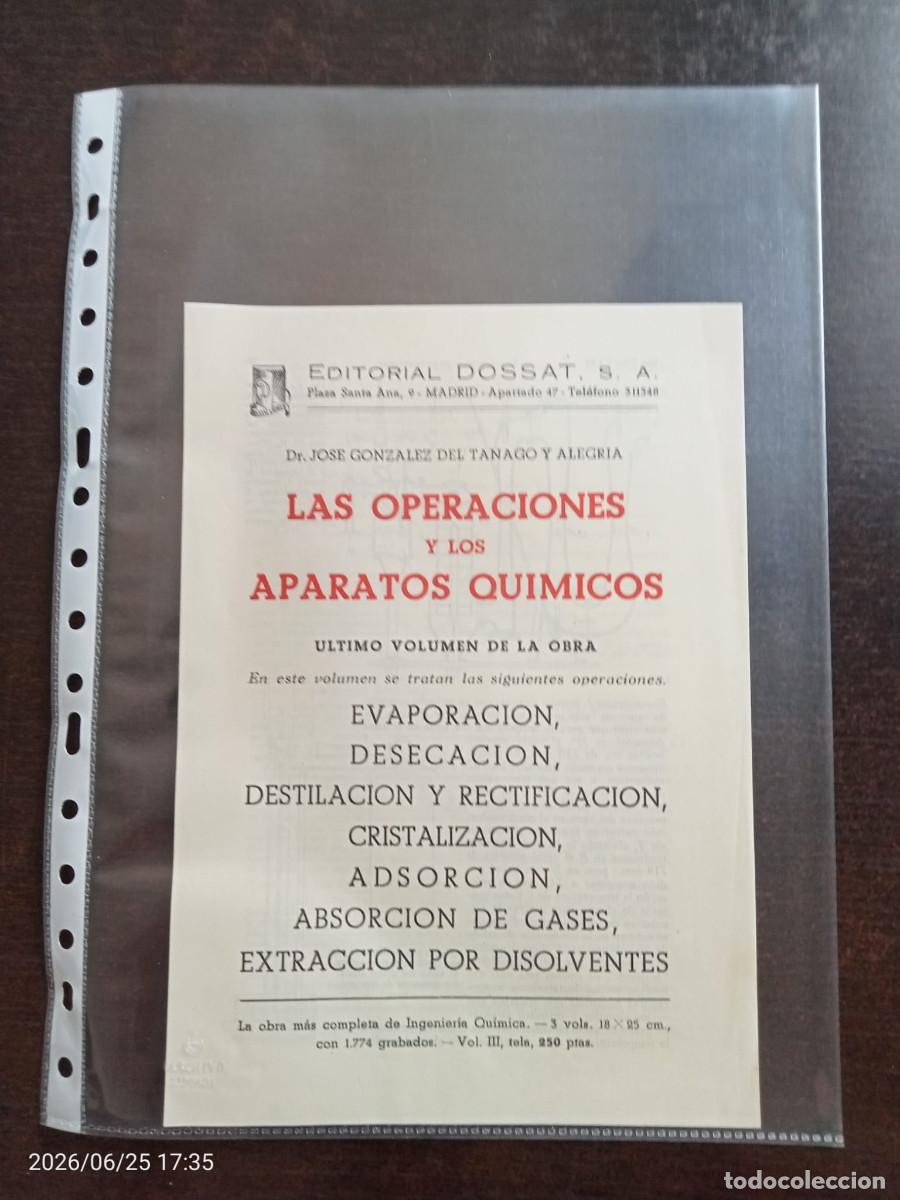 Otros art&iacute;culos de coleccionismo en papel: Folleto del libro &rdquo;Operaciones y aparatos qu&iacute;micos&rdquo;, del Dr. Jos&eacute; Gonz&aacute;lez del T&aacute;nago (Ed. Dossat)