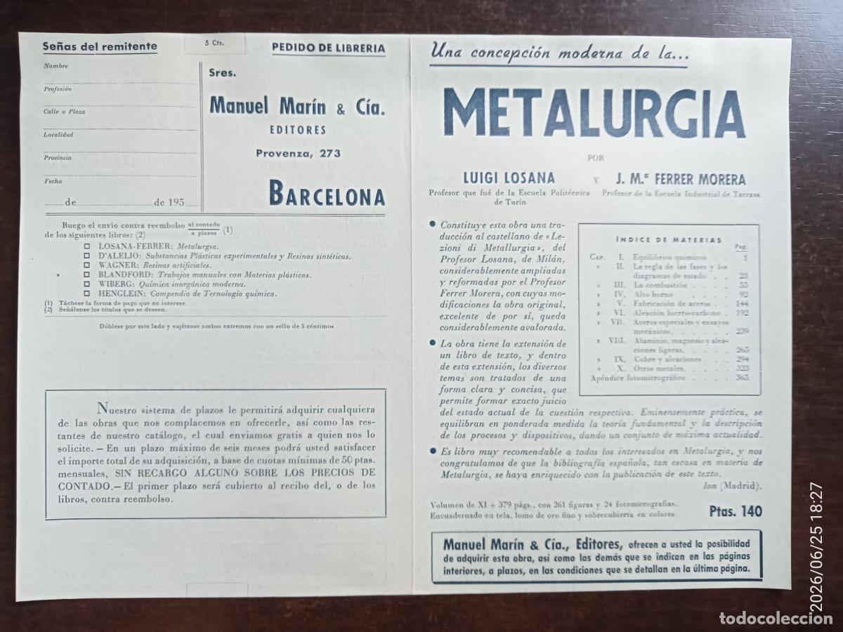 Otros art&iacute;culos de coleccionismo en papel: Folleto publicitario del libro &rdquo;Metalurgia&rdquo; de Luigi Losana y 5 libros m&aacute;s - Manuel Mar&iacute;n, Barcelona