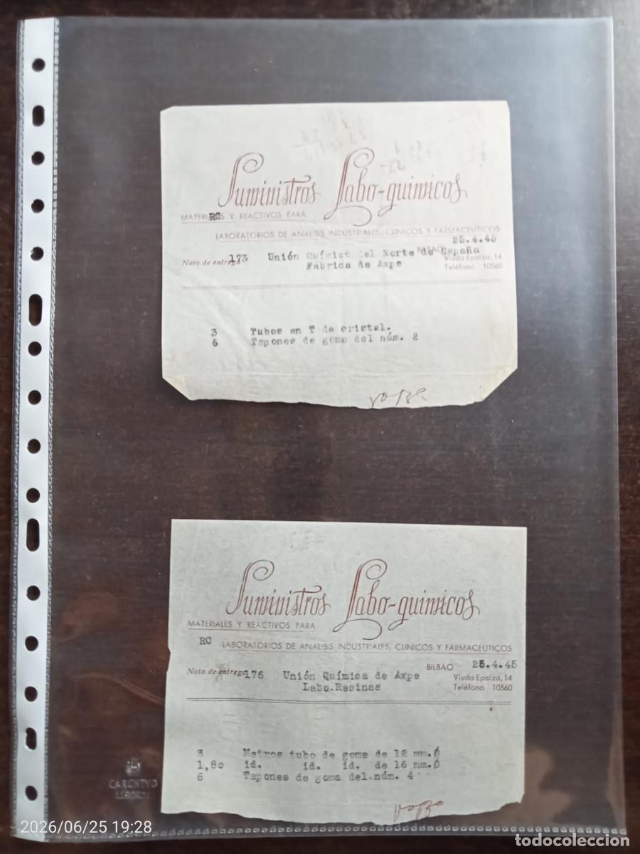 Otros art&iacute;culos de coleccionismo en papel: 2 notas de entrega de 1945 de material de laboratorio de &rdquo;Suministros Labo-Qu&iacute;micos&rdquo; (Bilbao)