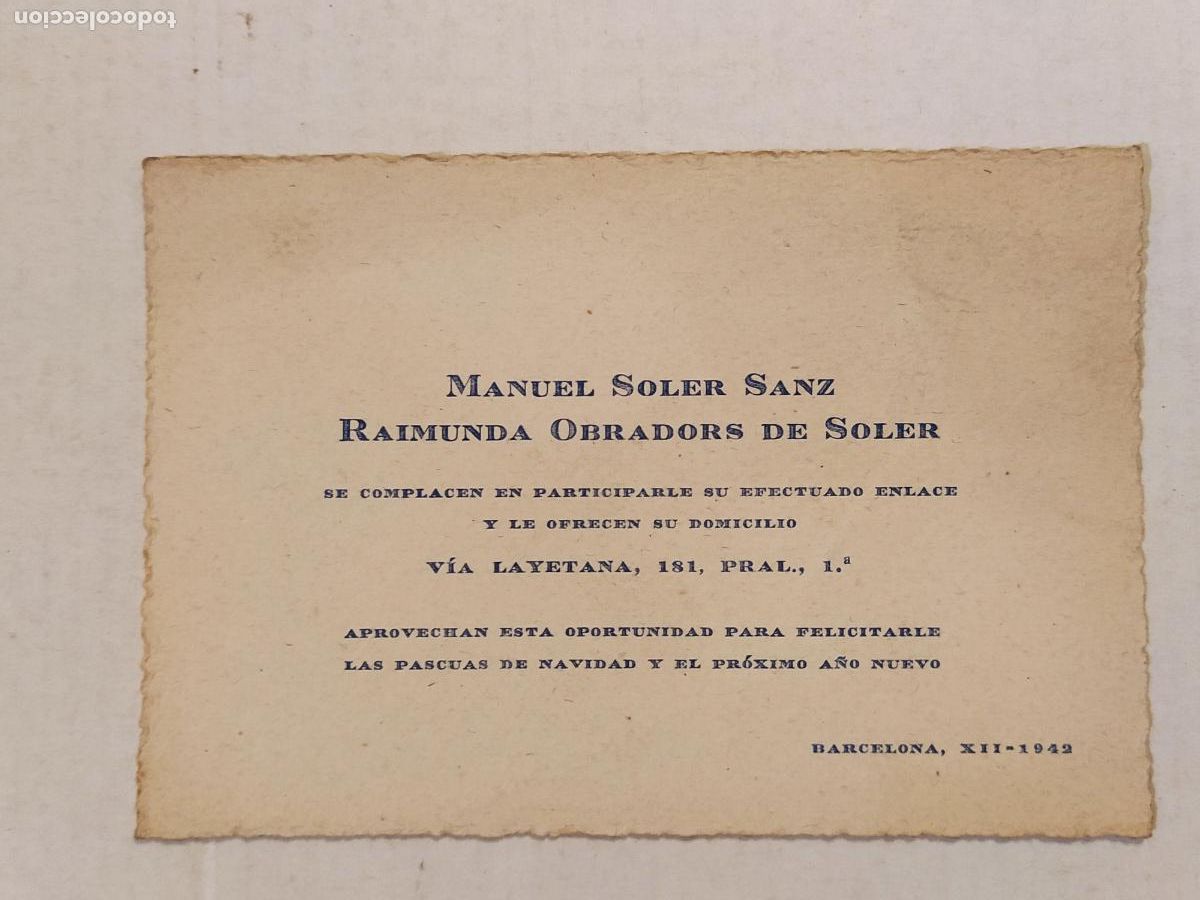 Otros art&iacute;culos de coleccionismo en papel: BARCELONA - A&Ntilde;O 1942 - MANUEL SOLER SANZ & RAIMUNDA OBRADORS DE SOLER - TARJETA PUBLICIDAD (116.238)