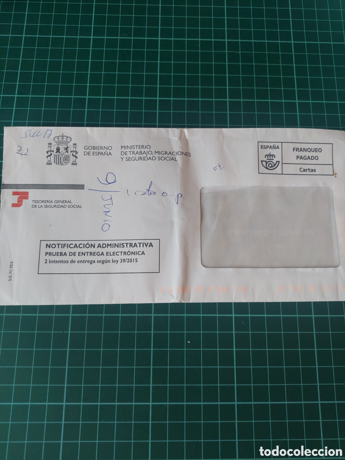 Otros art&iacute;culos de coleccionismo en papel: SOBRE GOBIERNO ESPA&Ntilde;A MINISTERIO TRABAJO ,MIGRACIONES Y SEGURIDAD SOCIAL TESORERIA GENERAL FRANQUEO