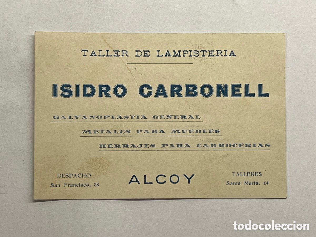 Otros art&iacute;culos de coleccionismo en papel: ALCOY TALLER DE LAMPISTERIA ISIDRO CARBONELL. Tarjeta comercial (h.1950?)