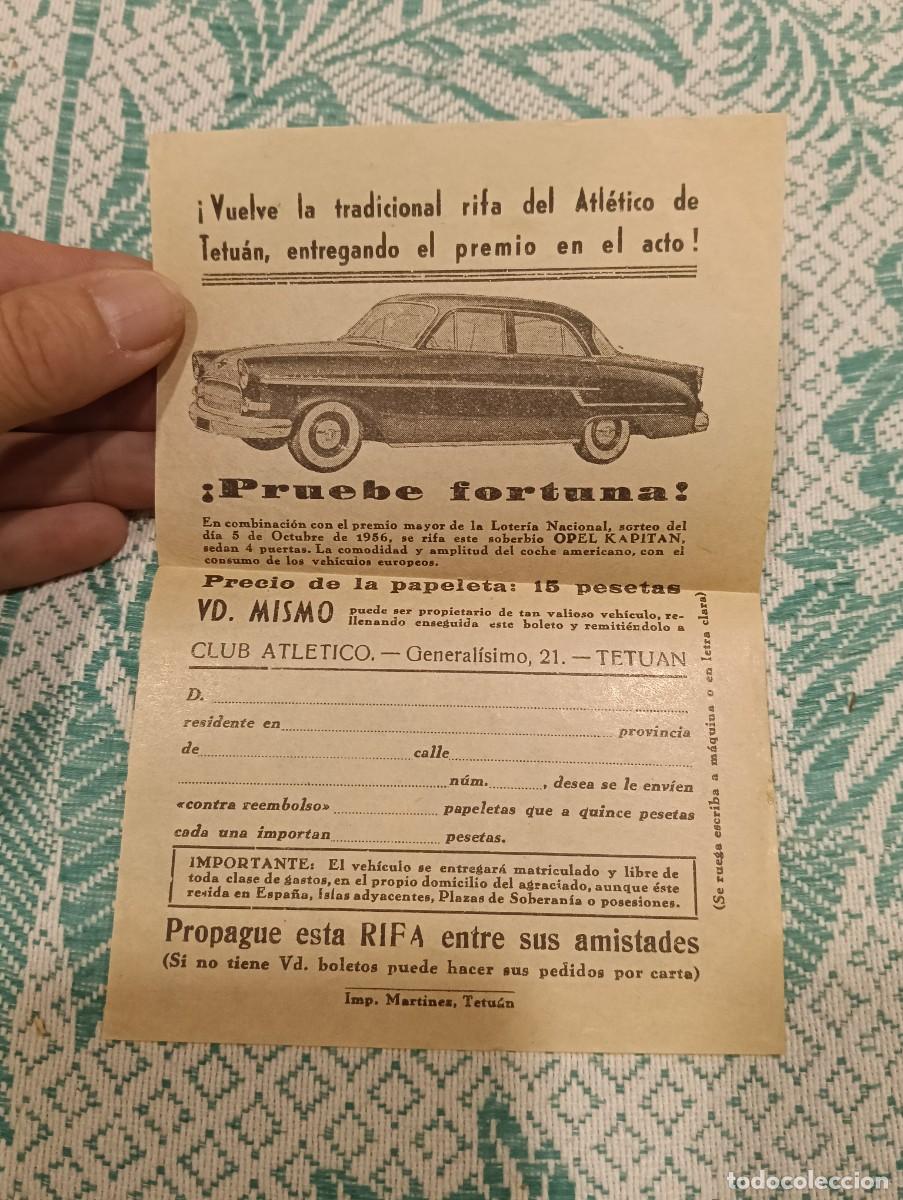 Otros art&iacute;culos de coleccionismo en papel: Rara Papeleta Rifa Atl&eacute;tico de Tetu&aacute;n 1956 - Sorteo Opel Kapitan - Protectorado Espa&ntilde;ol Marruecos -