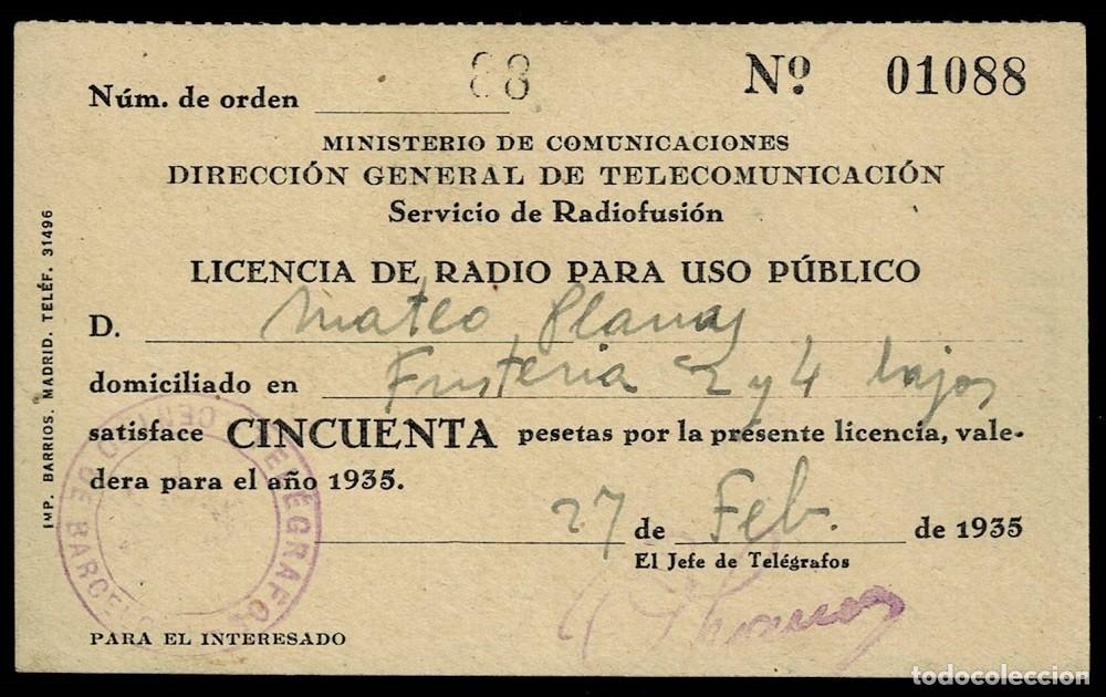 Otros art&iacute;culos de coleccionismo en papel: 0587 LICENCIA DE RADIO PARA USO PUBLICO 27-FEB-1935 Ver