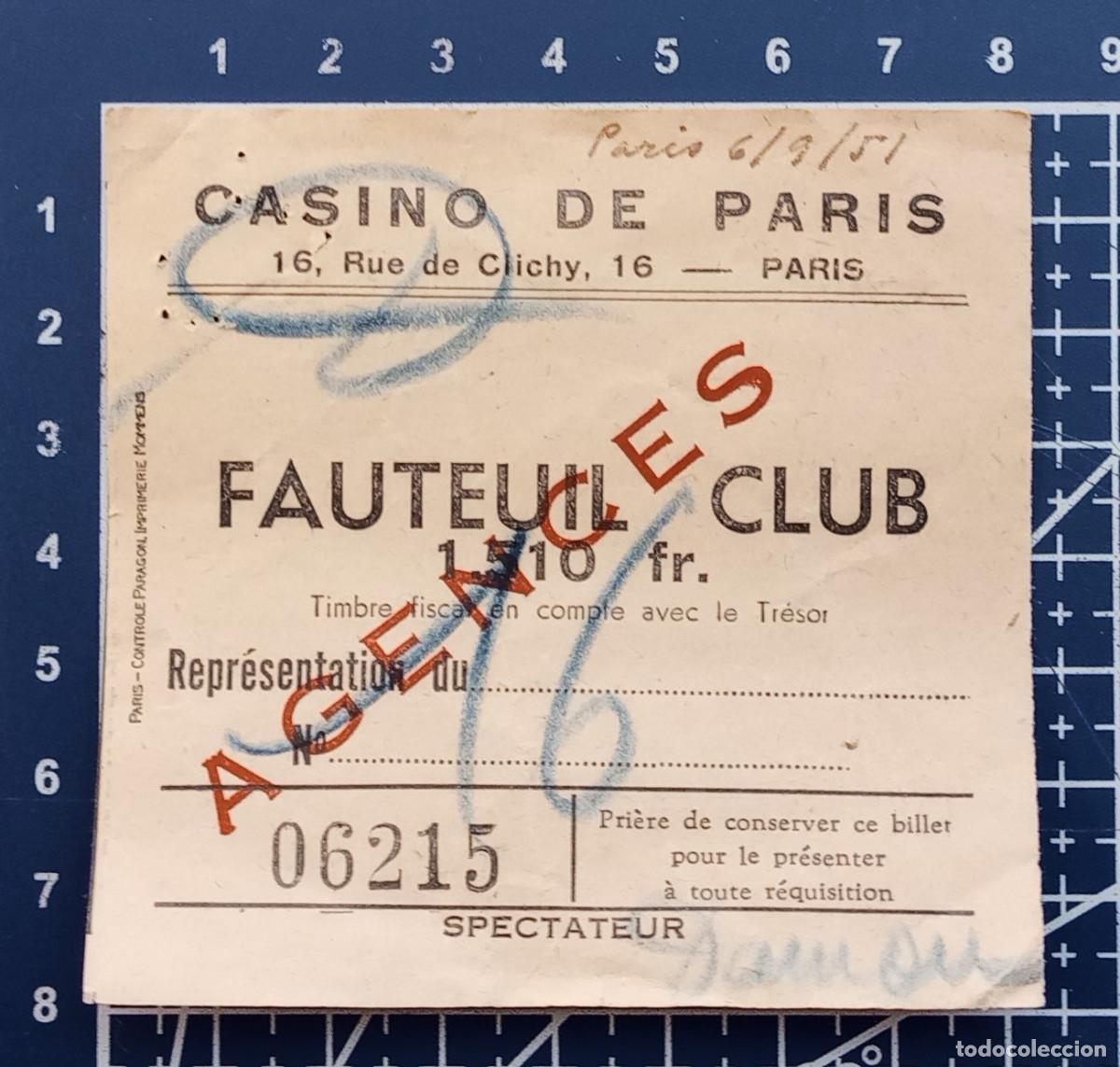 Otros art&iacute;culos de coleccionismo en papel: ENTRADA/TIQUET - CASINO DE PARIS - 1951