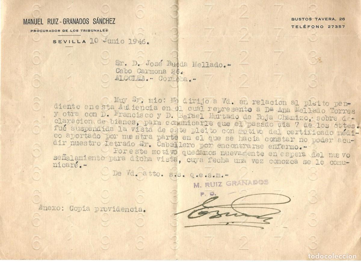 Otros art&iacute;culos de coleccionismo en papel: ALCOLEA CORDOBA CARTA A JOSE RUEDA MELLADO DE 1946 B41