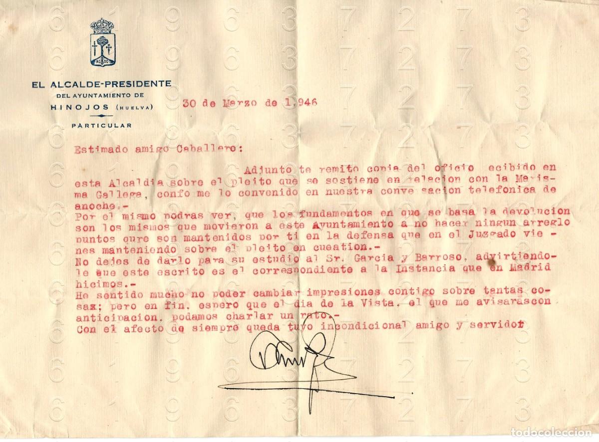 Otros art&iacute;culos de coleccionismo en papel: HINOJOS HUELVA CARTA DEL ALCALDE 1946 B41