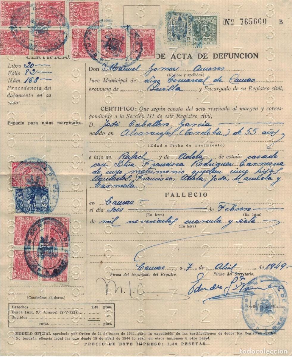 Otros art&iacute;culos de coleccionismo en papel: CAMAS SEVILLA ALCARACEJOS CORDOBA CERTIFICADO DEFUNCION 1949 B45