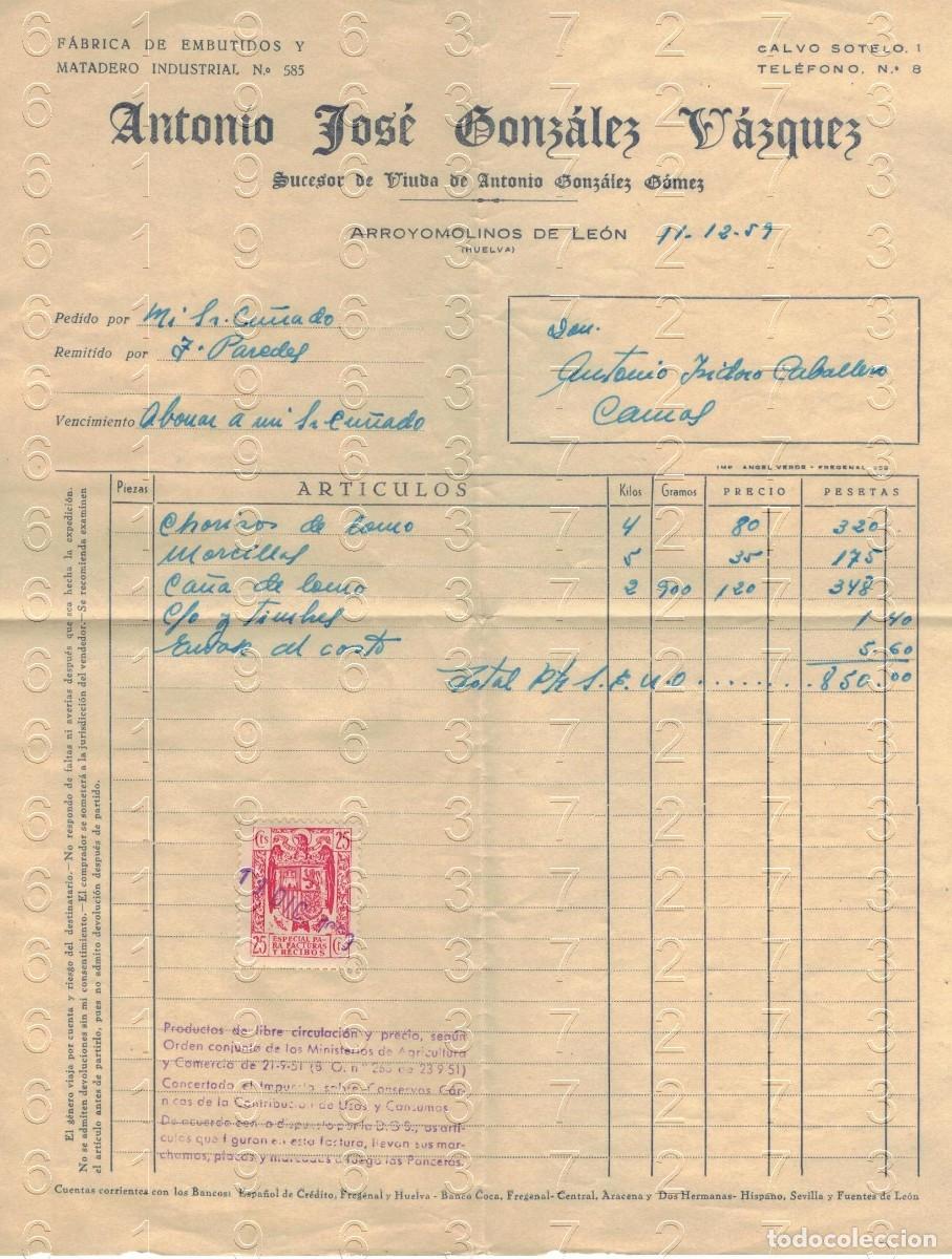 Otros art&iacute;culos de coleccionismo en papel: ARROYOMOLINOS DE LEON HUELVA FACTURA ANTIGUA Y SOBRE 1959 B45