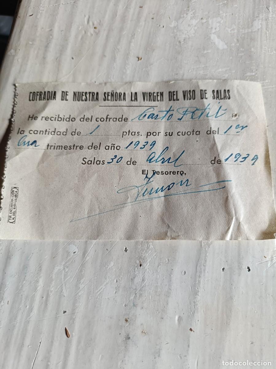 Otros art&iacute;culos de coleccionismo en papel: RECIBO DOCUMENTO COFRAD&Iacute;A LA VIRGEN DEL VISO. SALAS, 1939. ASTURIAS