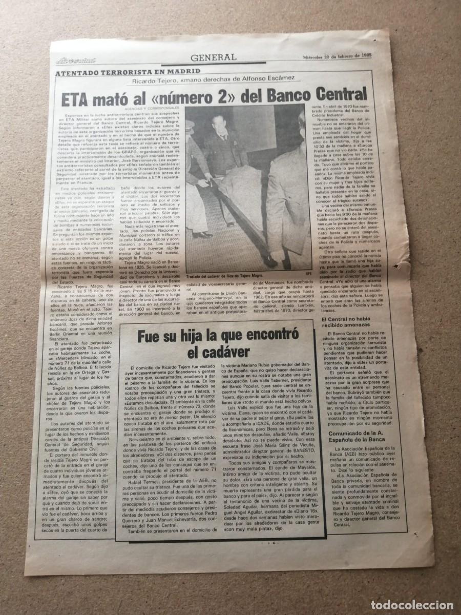 Otros art&iacute;culos de coleccionismo en papel: NOTICIA DE PRENSA. ETA MATO AL NUMERO 2 DEL BANCO CENTRAL (1985)