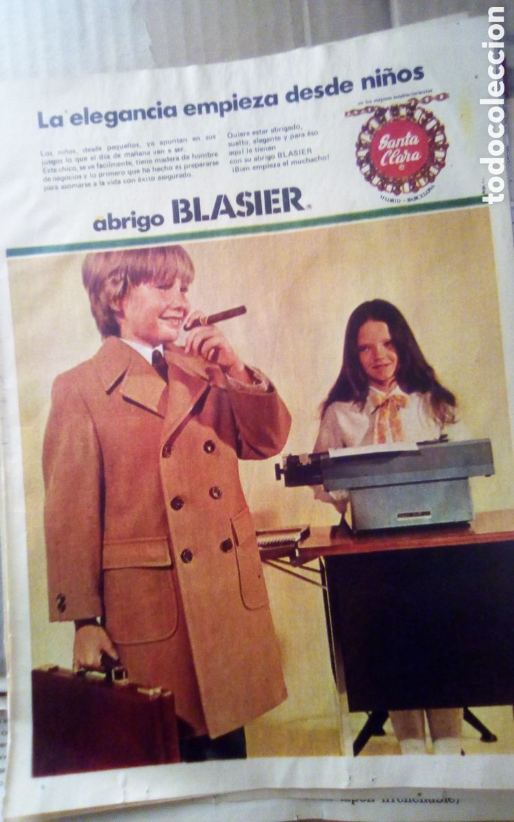 Otros art&iacute;culos de coleccionismo en papel: Publicidad abrigo Blasier. Establecimientos Santa Clara. Madrid - Barcelona. Los domingos ABC. 1970.
