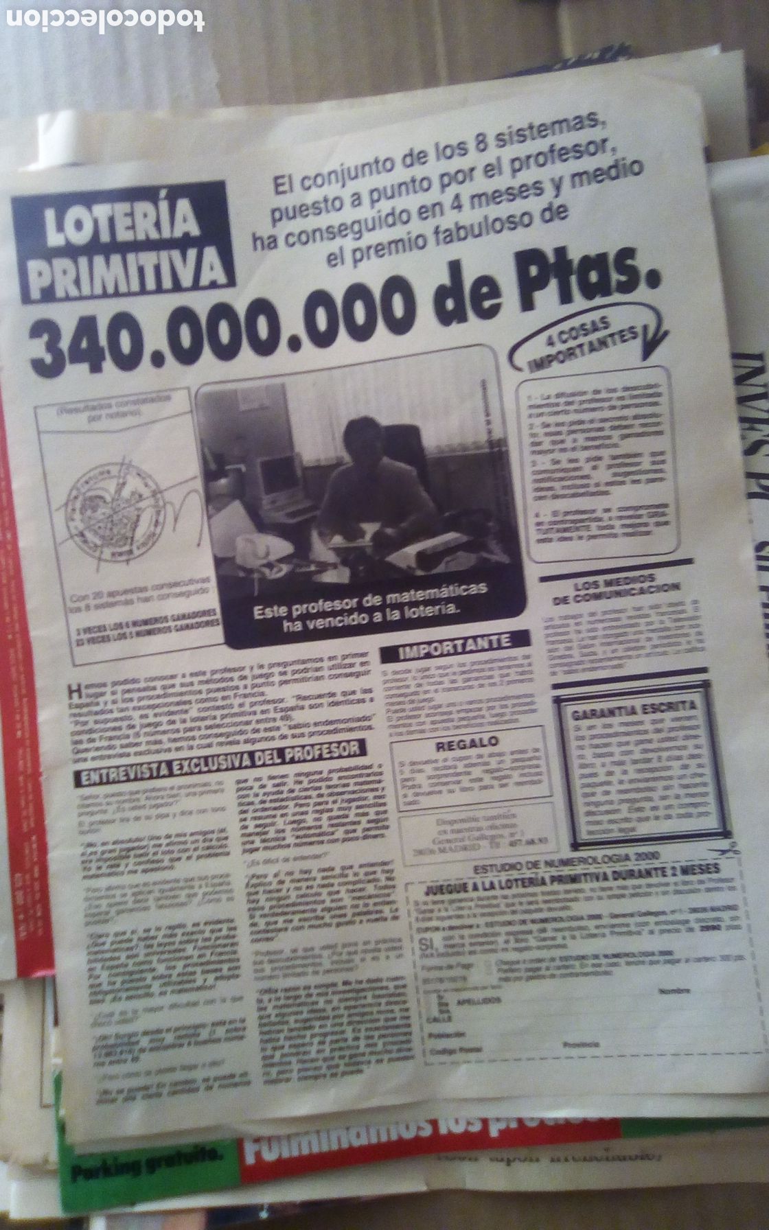 Otros art&iacute;culos de coleccionismo en papel: Un profesor de matem&aacute;ticas franc&eacute;s tiene un m&eacute;todo para poder ganar la loter&iacute;a primitiva. 09-11-1986