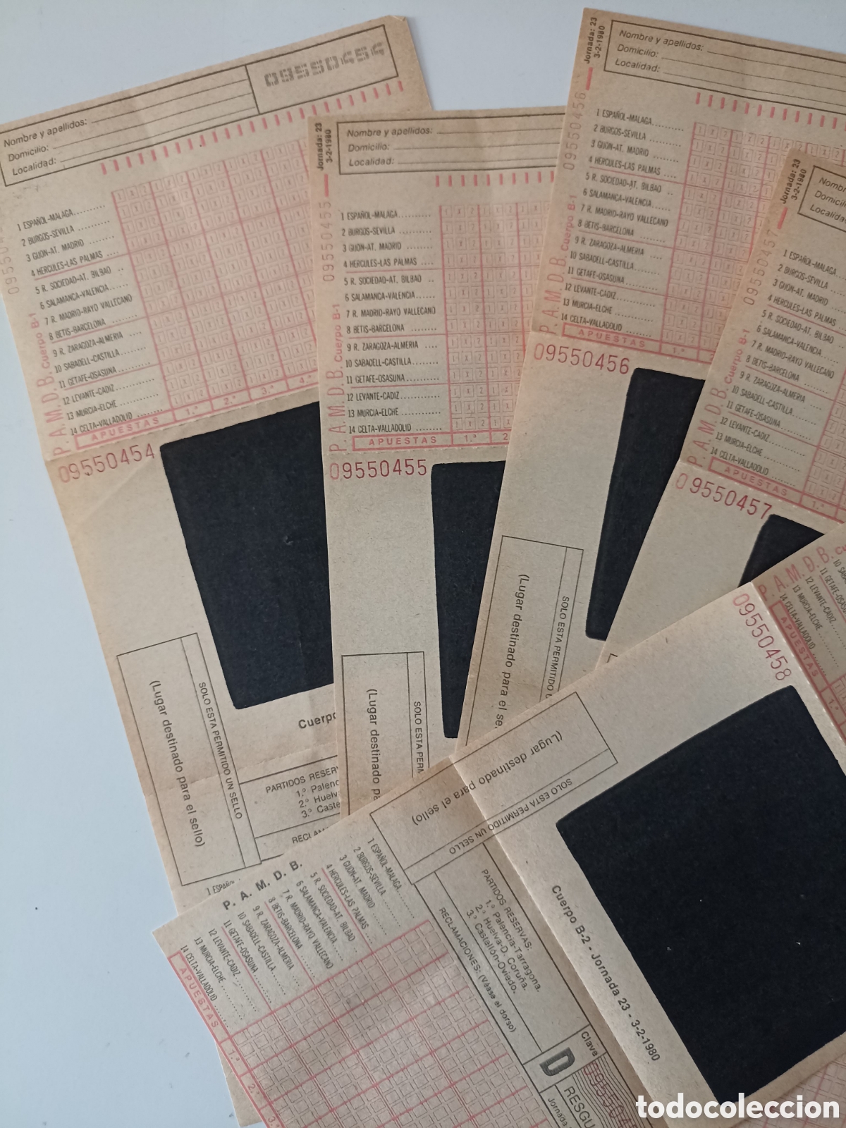Otros art&iacute;culos de coleccionismo en papel: 5 x Quinielas a&ntilde;o 1980. Jornada 23. Boletos sin rellenar. Completos. Con calco. 5 hojas consecutivas