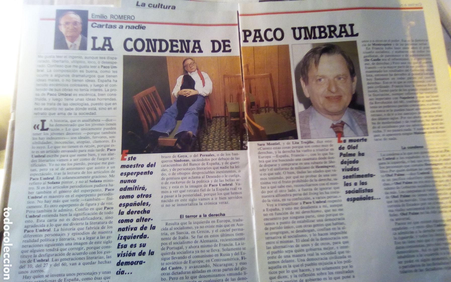 Otros art&iacute;culos de coleccionismo en papel: La condena de Paco Umbral. Revista &Eacute;poca. 07-04-1986. Son 2 hojas.