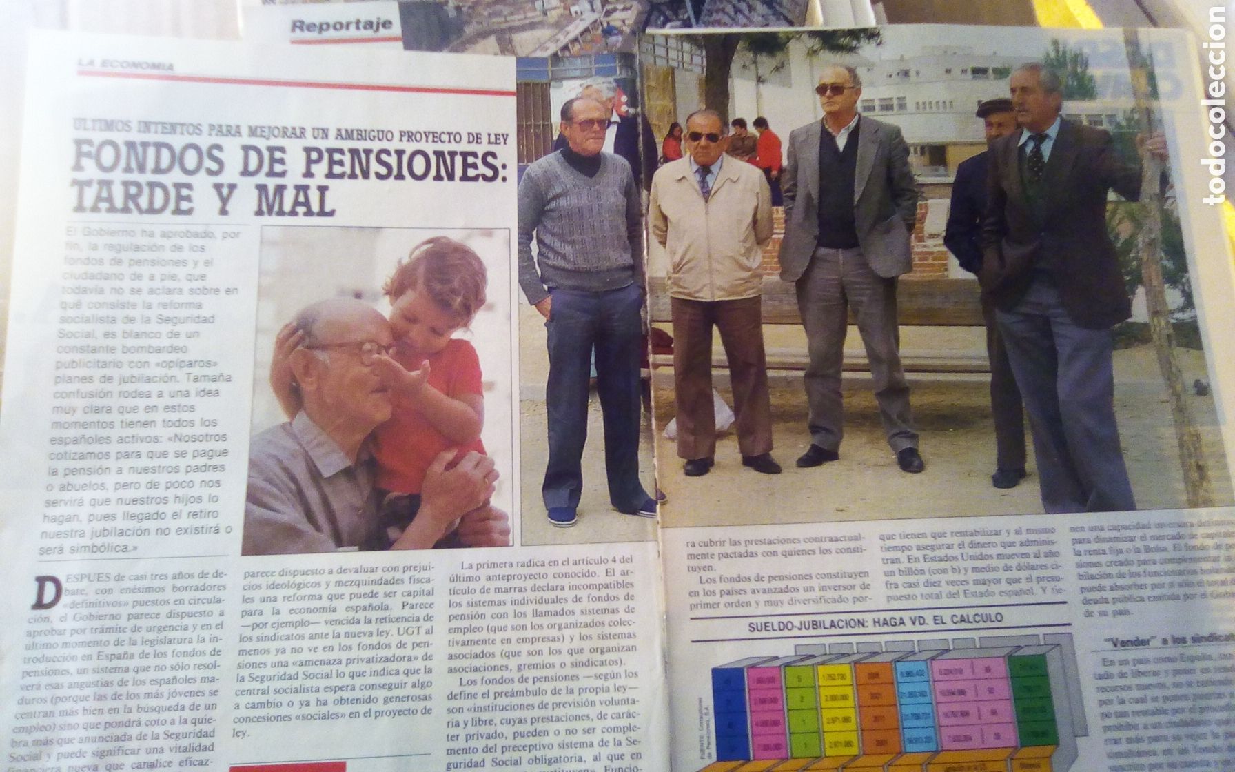 Otros art&iacute;culos de coleccionismo en papel: La econom&iacute;a. Fondos de pensiones: tarde y mal. Revista &Eacute;poca. 07-04-1986. Son 3 hojas.
