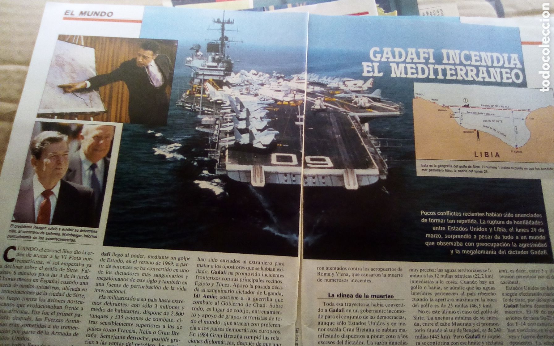 Otros art&iacute;culos de coleccionismo en papel: Gadafi incendia el Mediterr&aacute;neo. Revista &Eacute;poca. 07-04-1986. Son 3 hojas.