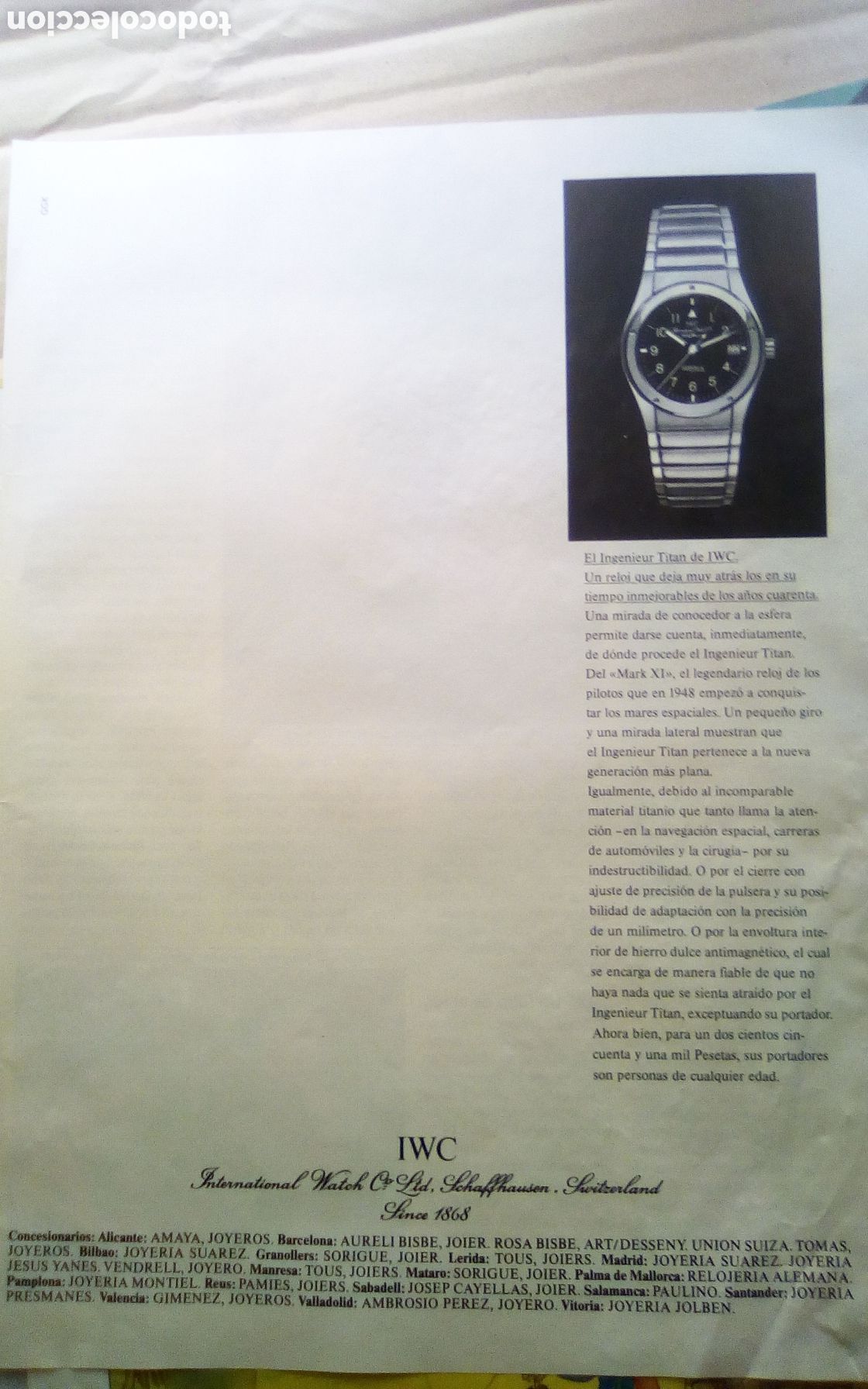 Otros art&iacute;culos de coleccionismo en papel: Publicidad reloj Ingenieur Titan de IWC. Detr&aacute;s Silvia Leblanc y David Summers. Revista &Eacute;poca. 1986.