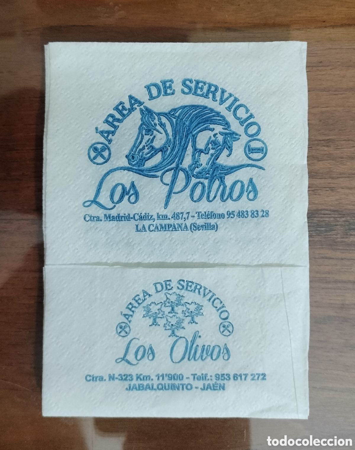 Otros art&iacute;culos de coleccionismo en papel: SERVILLETA DE PAPEL AREA DE SERVICIO LOS POTROS LA CAMPANA SEVILLA LOS OLIVOS JABALQUINTO JA&Eacute;N