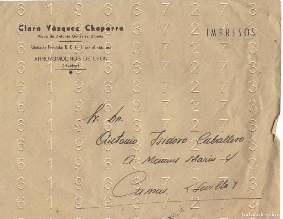 Otros art&iacute;culos de coleccionismo en papel: ARROYOMOLINOS DE LEON FABRICA DE EMBUTIDOS CLARA VAZQUEZ CHAPARRO SOBRE B67