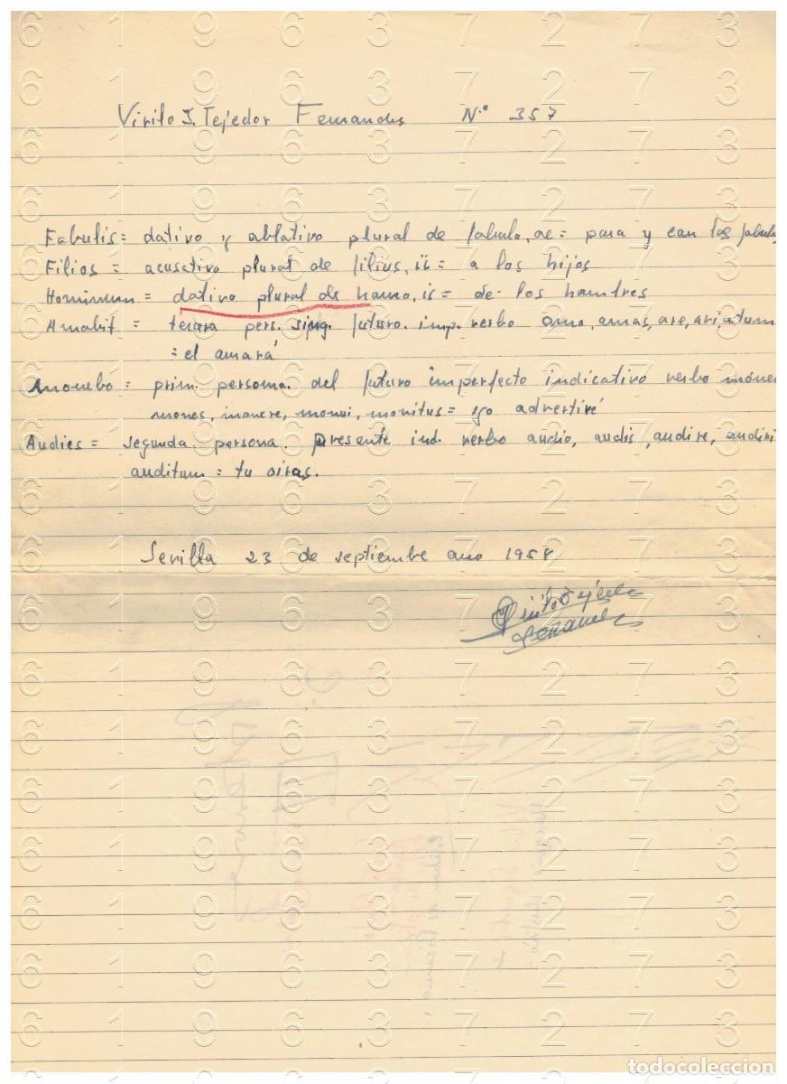 Otros art&iacute;culos de coleccionismo en papel: SEVILLA VIRILO TEJEDOR FERNANDEZ 1958 MANUSCRITO LATIN 1 HOJA M32