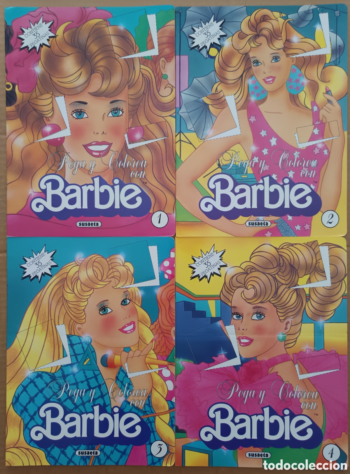 Otros art&iacute;culos de coleccionismo en papel: Lote Colecci&oacute;n Pega y Colorea con Barbie n&deg;1-2-3-4 (Susaeta Ediciones, 1992). Completa.