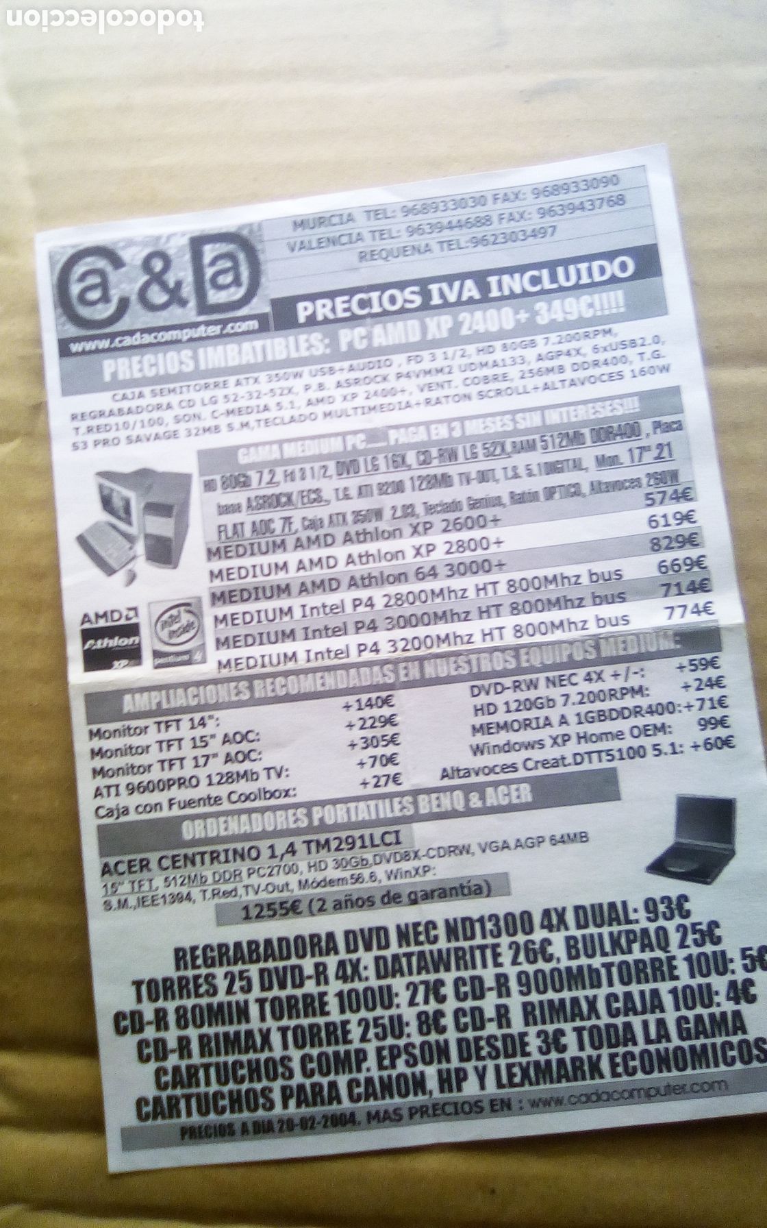 Otros art&iacute;culos de coleccionismo en papel: Folleto publicidad Cada Computer. A&ntilde;o 2004. Una hoja a dos caras.
