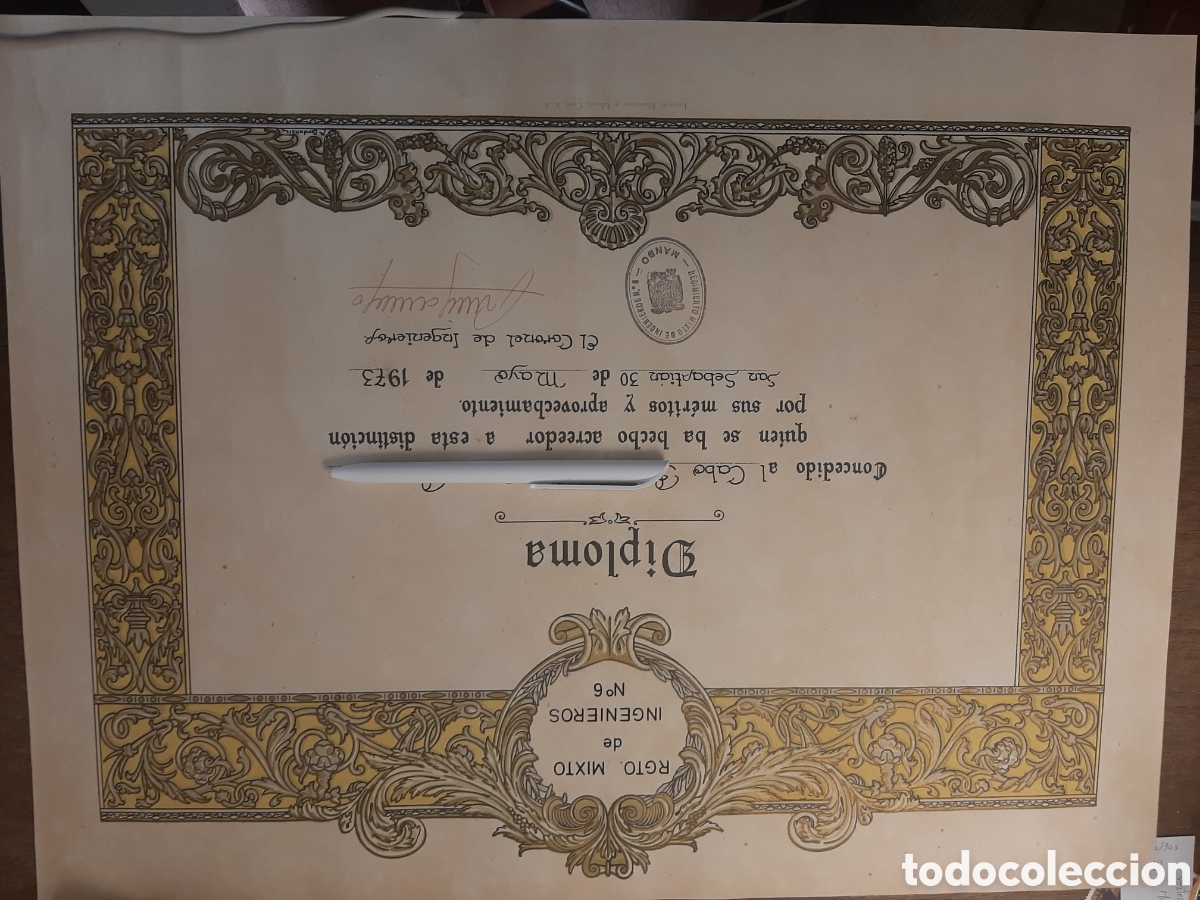 Otros art&iacute;culos de coleccionismo en papel: DIPLOMA MILITAR. Regimiento Mixto de Ingenieros N&deg; 6.