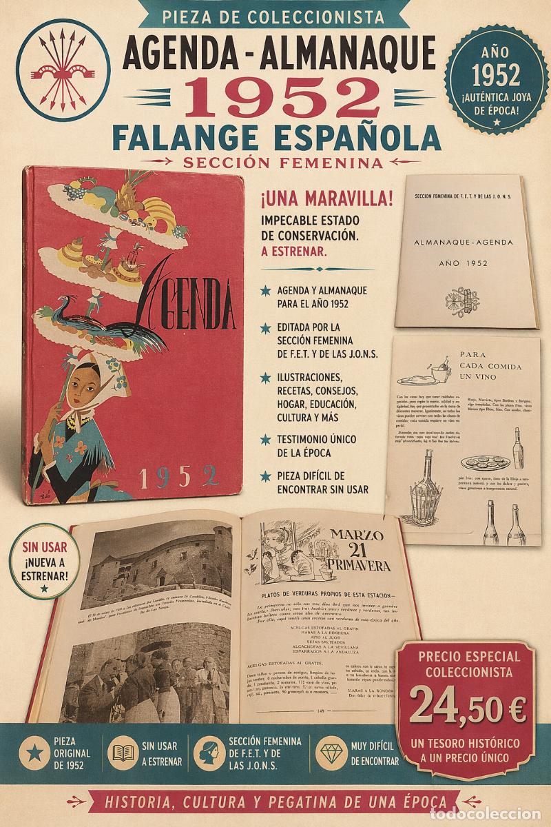 Otros art&iacute;culos de coleccionismo en papel: A&Ntilde;O 1952 !! AGENDA ALMANAQUE / FALANGE ESPA&Ntilde;OLA-SECCI&Oacute;N FEMENINA / SIN USAR / UNA MARAVILLA