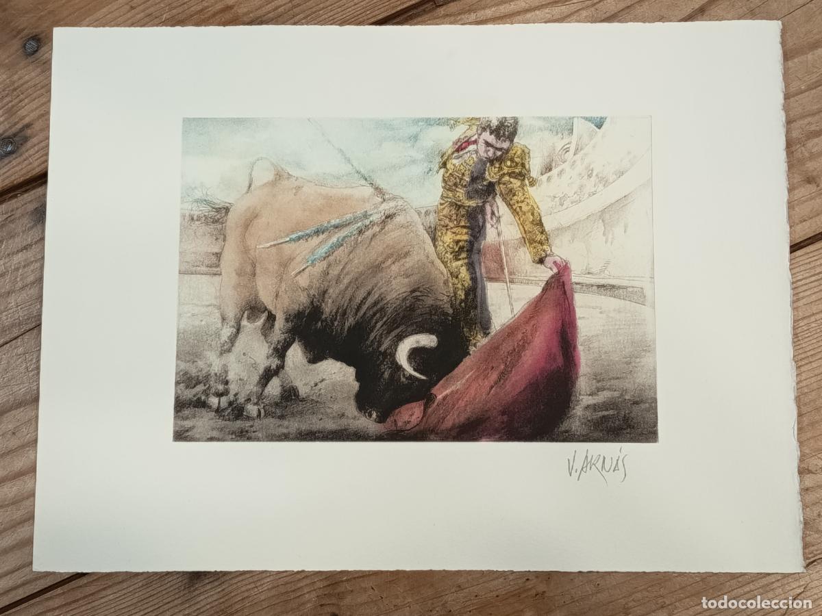 Otros art&iacute;culos de coleccionismo en papel: Dibujo de torero toreando de Vicente Arn&aacute;s con firma a l&aacute;piz