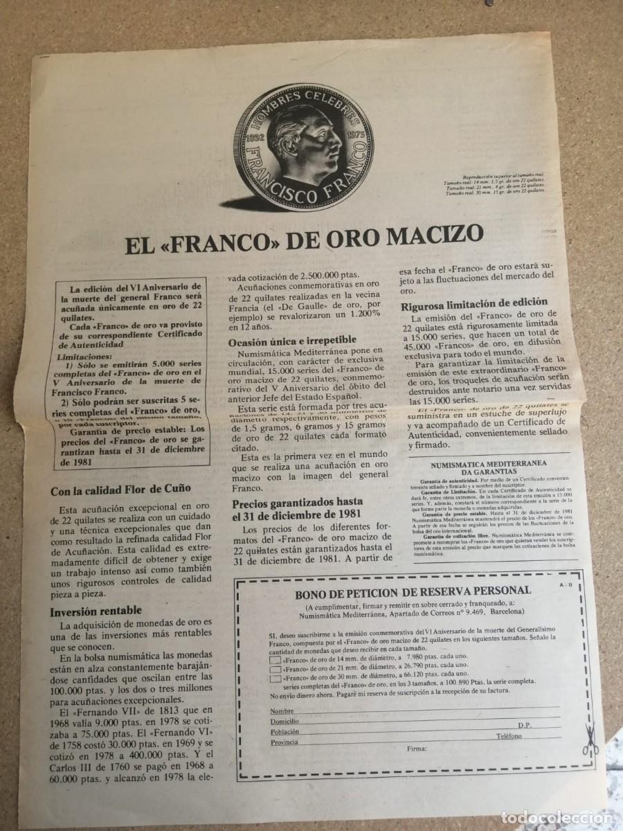 Otros art&iacute;culos de coleccionismo en papel: ANUNCIO. GENERALISIMO FRANCO, MONEDA DE ORO MACIZO