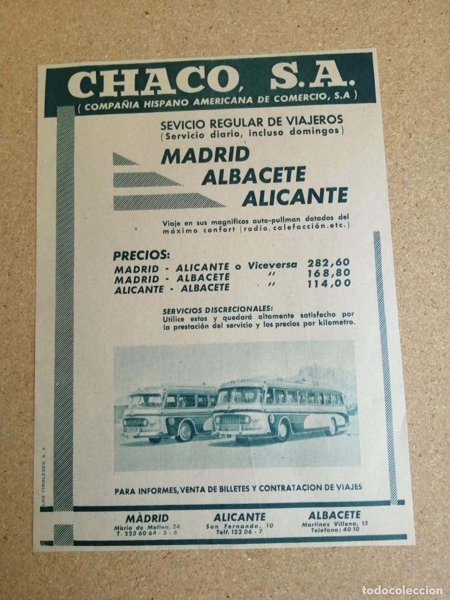 Otros art&iacute;culos de coleccionismo en papel: ANUNCIO. CHACO S.A, SERVICIO REGULAR DE VIAJEROS MADRID - ALBACETE - ALICANTE
