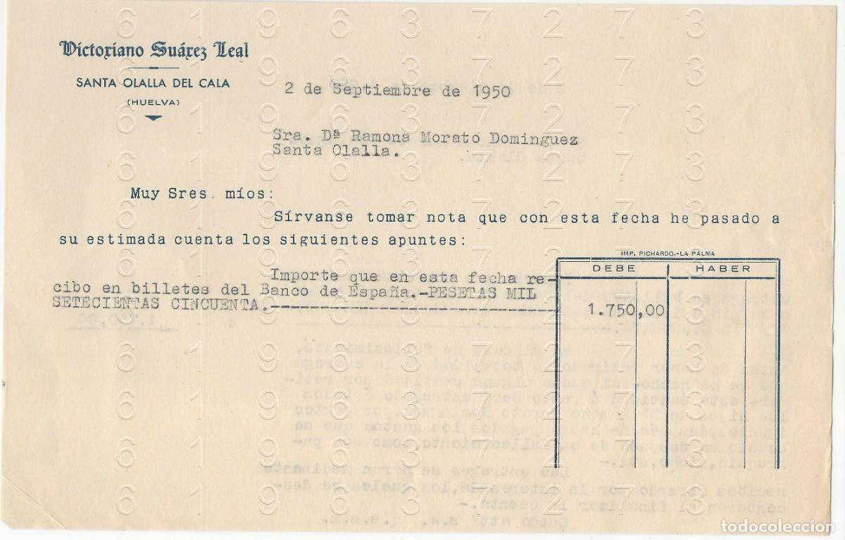 Otros art&iacute;culos de coleccionismo en papel: SANTA OLALLA DEL CALA HUELVA VICTORIANO SUAREZ LEAL CARTA 1950 M33