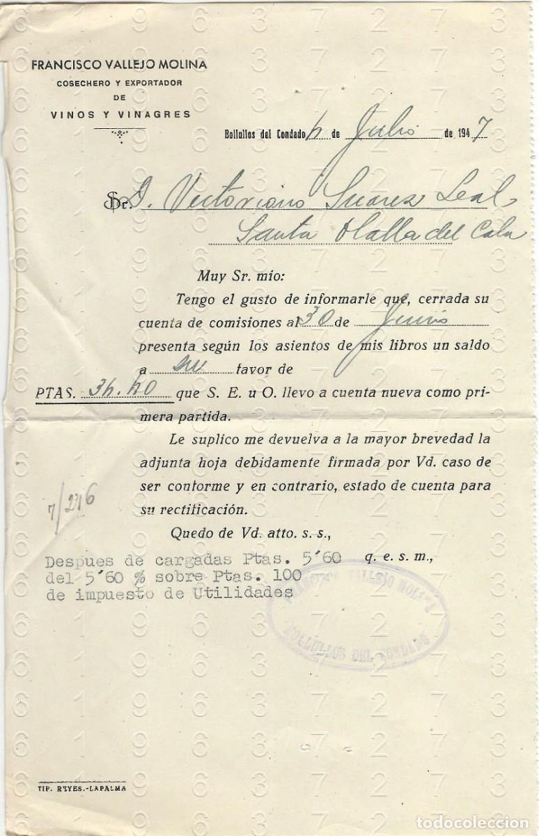 Collectionnisme Papier divers: BOLLULLOS DEL CONDADO SANTA OLALLA DEL CALA FRANCISCO VALLEJO MOLINA VINOS Y VINAGRES 1947 CARTA M33