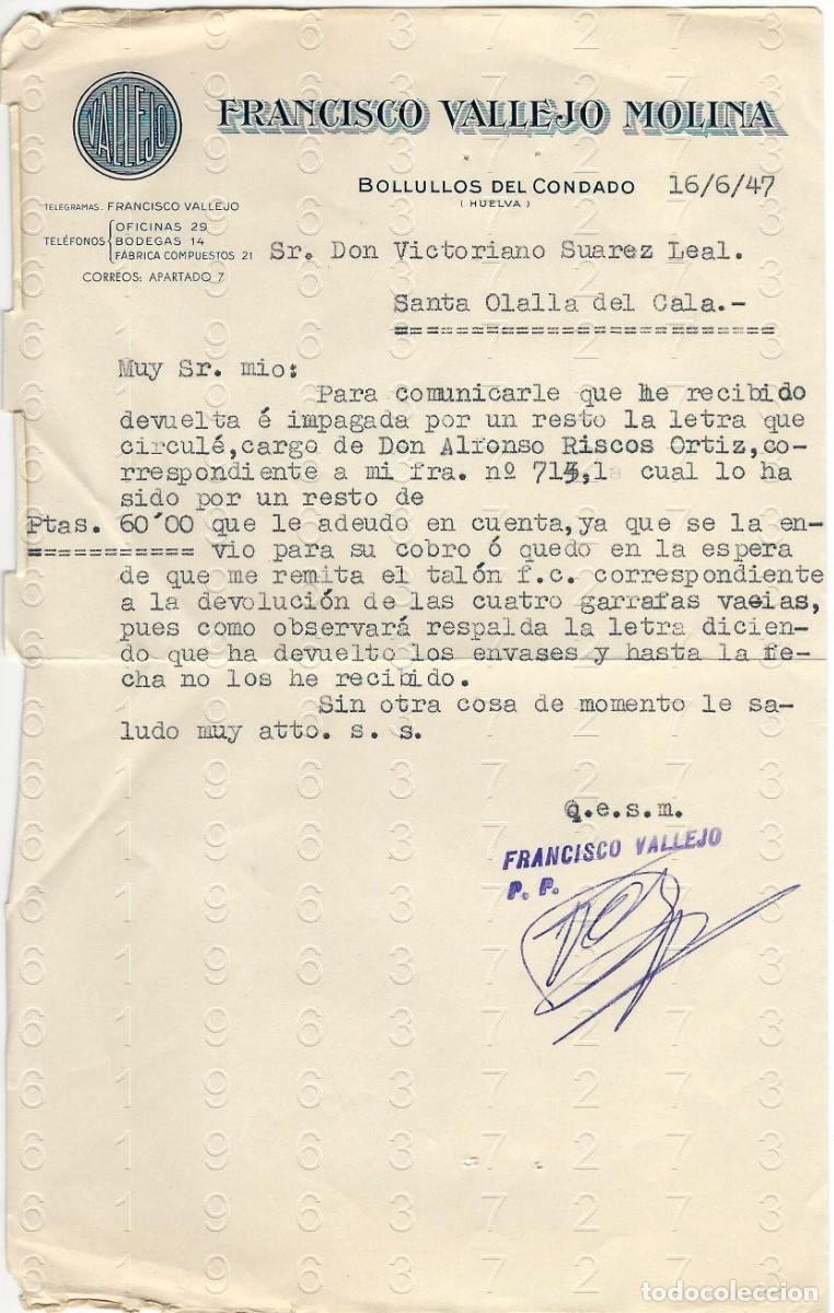 Collectionnisme Papier divers: BOLLULLOS DEL CONDADO SANTA OLALLA DEL CALA FRANCISCO VALLEJO MOLINA VINOS Y VINAGRES 1947 CARTA M33
