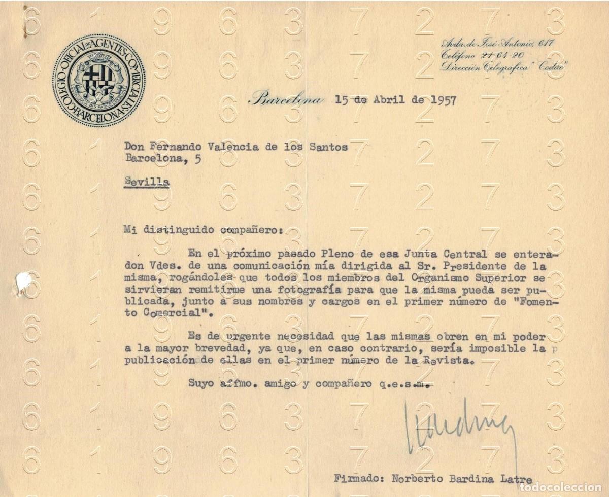 Otros art&iacute;culos de coleccionismo en papel: NORBERTO BARDINA LATRE COLEGIO AGENTES COMERCIALES DE BARCELONA CARTA 1957 M34