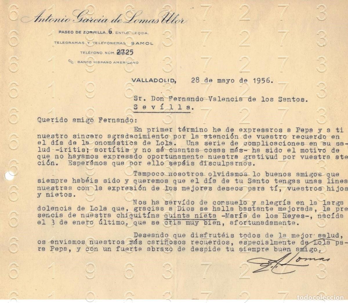 Otros art&iacute;culos de coleccionismo en papel: VALLADOLID ANTONIO GARCIA DE LOMAS UTOR CARTA 1956 M34