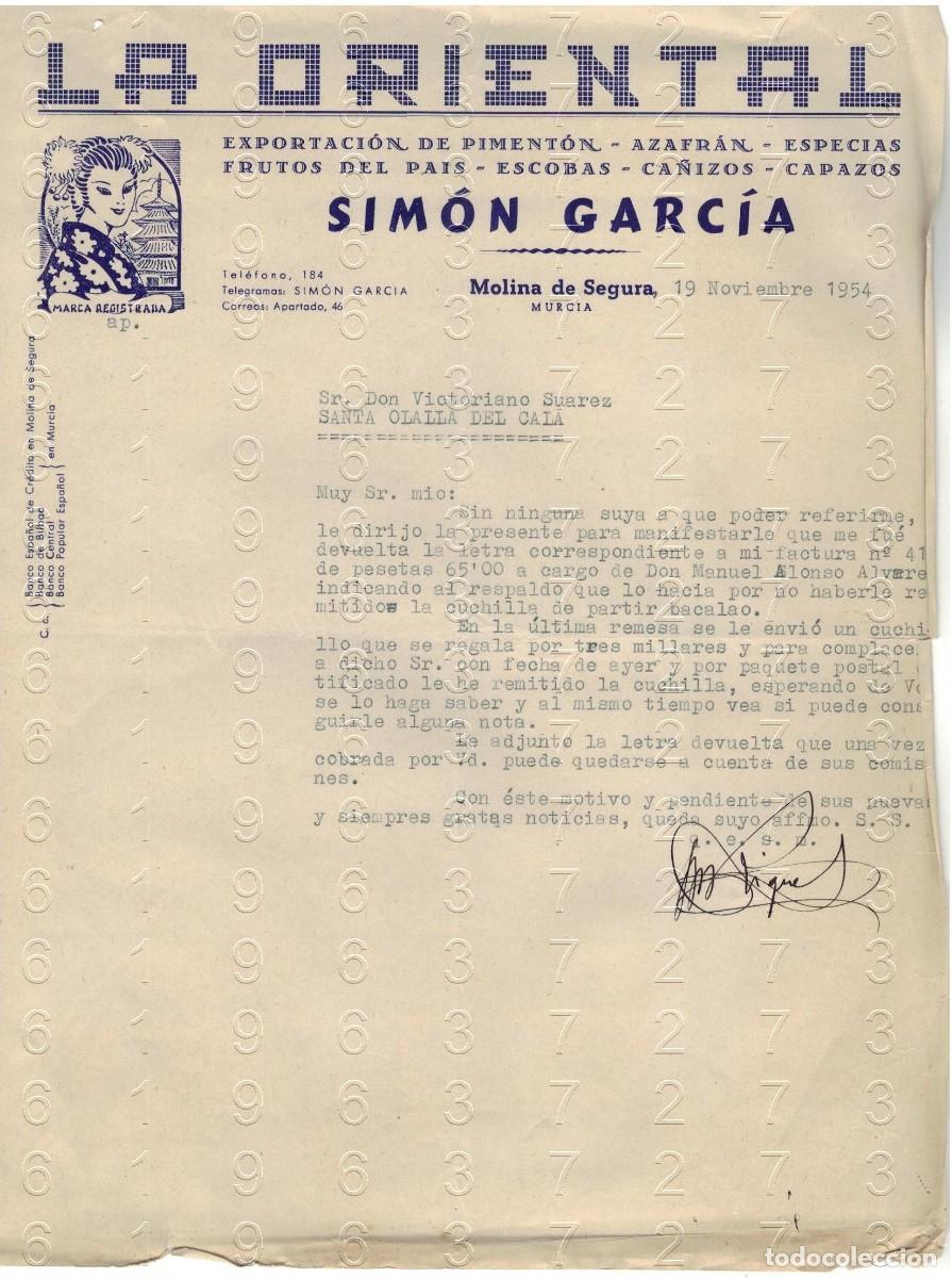 Otros art&iacute;culos de coleccionismo en papel: MOLINA DE SEGURA MURCIA LA ORIENTAL SIMON GARCIA CARTA 1954 M34