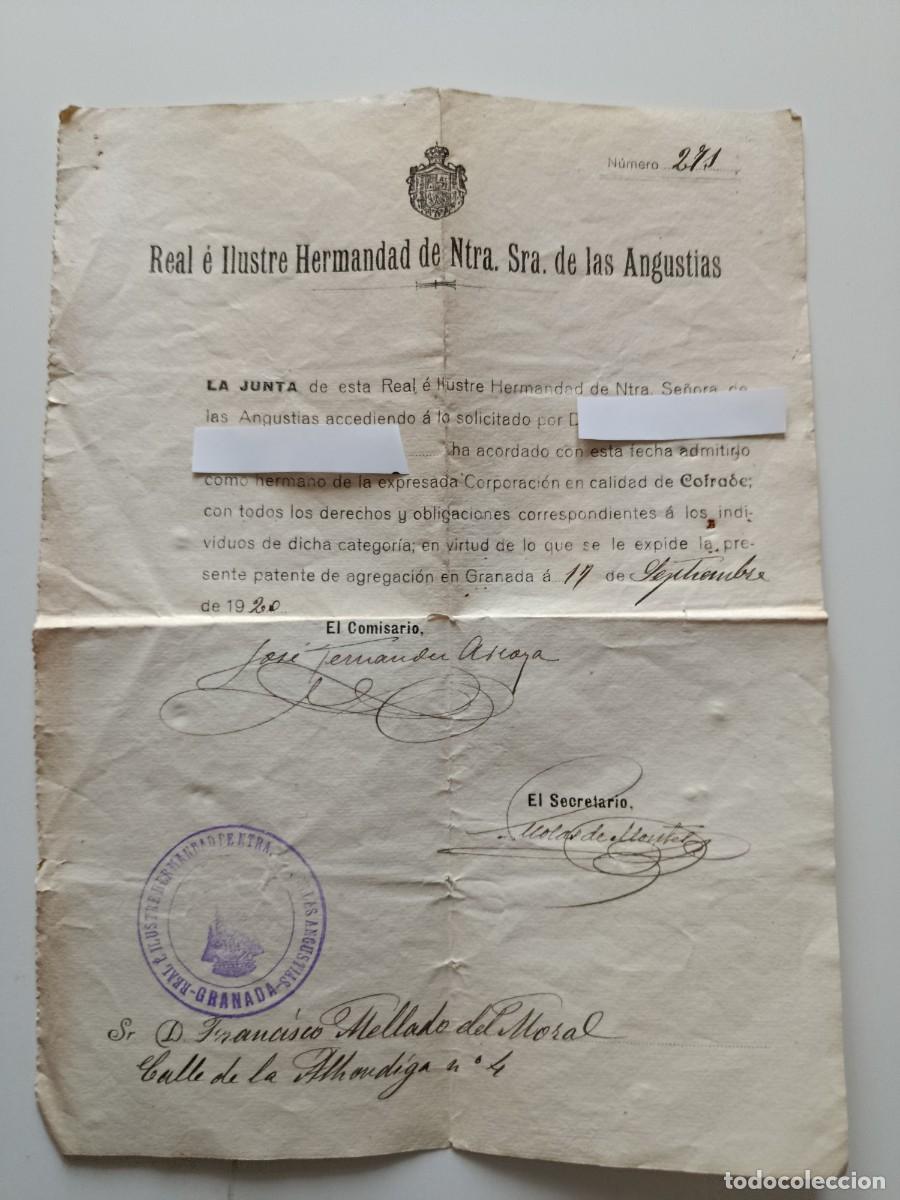 Otros art&iacute;culos de coleccionismo en papel: REAL E ILUSTRE HERMANDAD DE NTRA. SRA. DE LAS ANGUSTIAS. GRANADA. DOCUMENTO DE ADMISI&Oacute;N. 1920